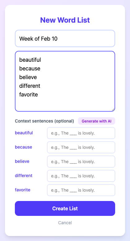 Creating a word list with AI-generated context sentences