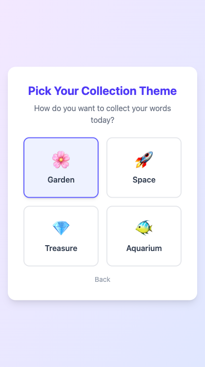 Theme selection with Garden, Space, Treasure, and Aquarium