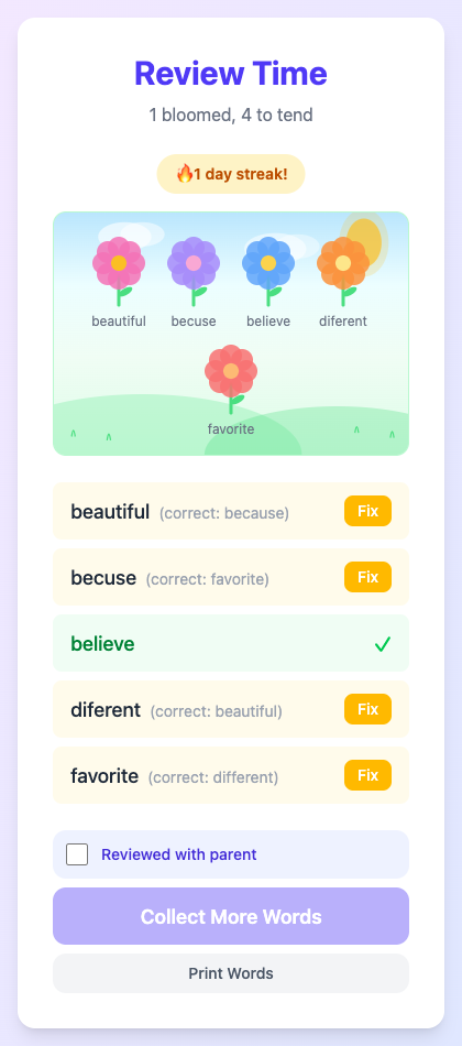 Review mode showing correct and incorrect words